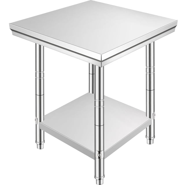 VEVOR stainless steel work table measuring 24 x 24 x 32 inches, designed for commercial kitchen prep and work. The table features a durable, non-magnetic stainless steel construction with a smooth, corrosion-resistant surface. It includes a top shelf with a 500 lb capacity and an undershelf with a 220 lb capacity, providing ample storage and workspace. The table has adjustable feet for height customization, ensuring stability on uneven surfaces. Suitable for use in restaurants, homes, hotels, and other commercial or domestic settings.