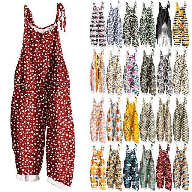 QATAINLAV Combinaisons en Coton et Lin Grande Taille pour Femmes Été Décontracté Sans Manches à Bretelles Spaghetti Combinaisons Mode Imprimé Graphique Pantalon une-Pièce à Jambe Grand Multicolore TTG