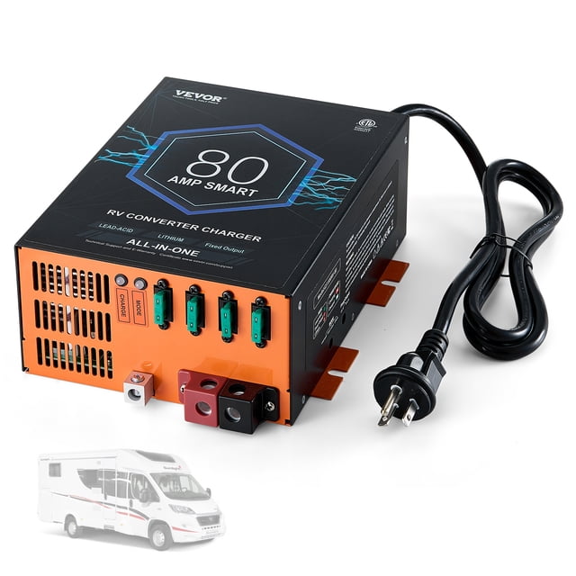 VEVOR RV Converter 80 Amp 110V AC to 12V DC RV Power Converter Battery Charger. The device has a durable black and orange metal casing, green charging ports, and a power cord. It supports lithium and lead-acid batteries with multi-stage smart charging and advanced protection features, including short circuit and overload safeguards. Comes with spare fuses, a screwdriver, and a fuse puller. Ideal for RVs, boats, and outdoor power applications.