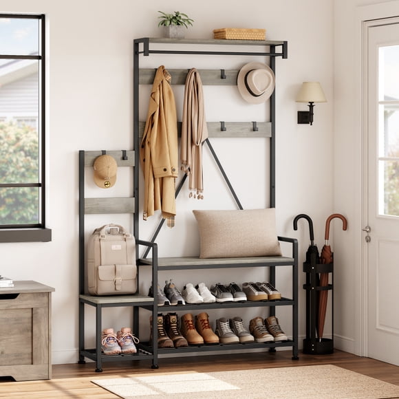 Alician Hall Tree with Bench and Shoe Storage Parent-Child Coat Rack Shoe Bench Industrial Coat Tree Entryway Organizer