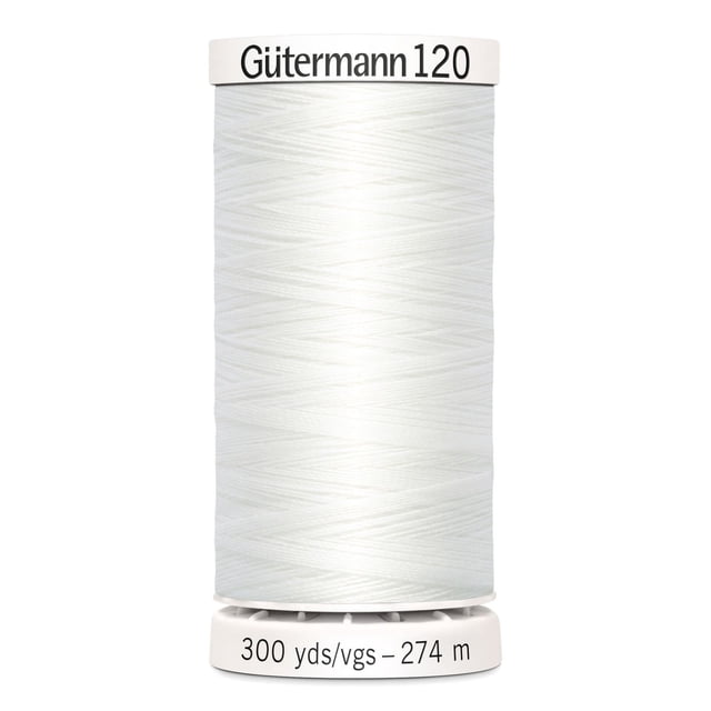 GÜTERMANN 120 Sew-All all-purpose polyester thread spool in white, 300 yards (274 meters), designed for smooth feeding and low lint, suitable for machine or hand sewing on most fabrics, ideal for seams, hems, buttonholes, and repairs.