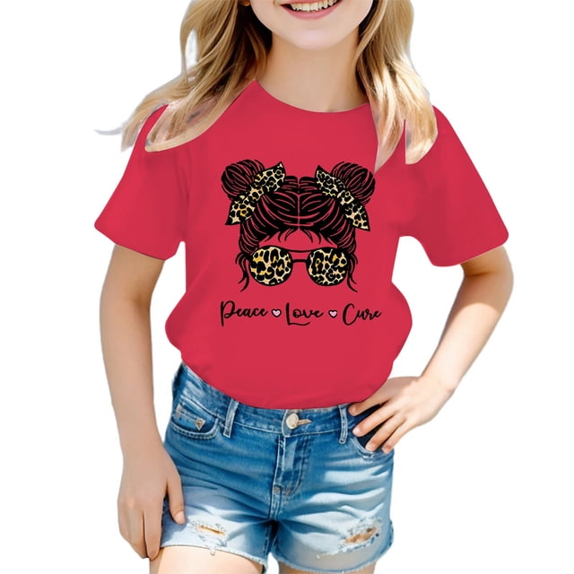 LUOGENLI T-Shirt pour Filles Enfant Filles Mignon Graphique Col Rond Manches Courtes Tee Été Décontracté T-Shirt Longues Chemises pour Filles Travail 5-6 Ans