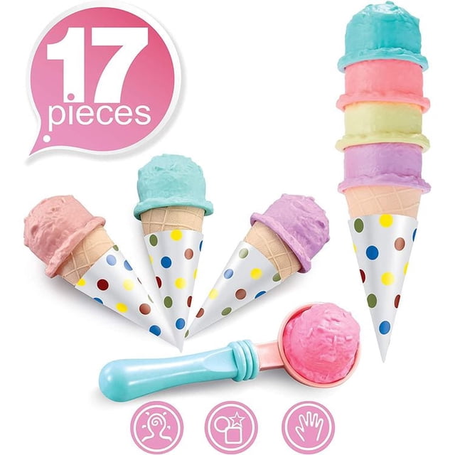 Toy Chef Counter Top Ice Cream Set with 17 pieces including pastel plastic ice cream scoops in pink, blue, yellow, purple, and peach, polka dot paper cones, and a blue scoop handle, designed for pretend play and fine motor skill development in children aged 3 and up.