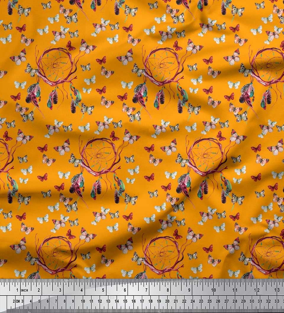 Soimoi polyester Crepe Fabric Dream Catcher & Butterfly Printed Craft Fabric by the Yard 52 Inch Wide