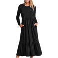 thumbnail image 1 of Liquidation! Hontri Robes pour Femmes 2024 Robe à Col Rond Plissée Unie à Manches Longues Évasée Décontractée Robes pour Femmes Noir,G, 1 of 4