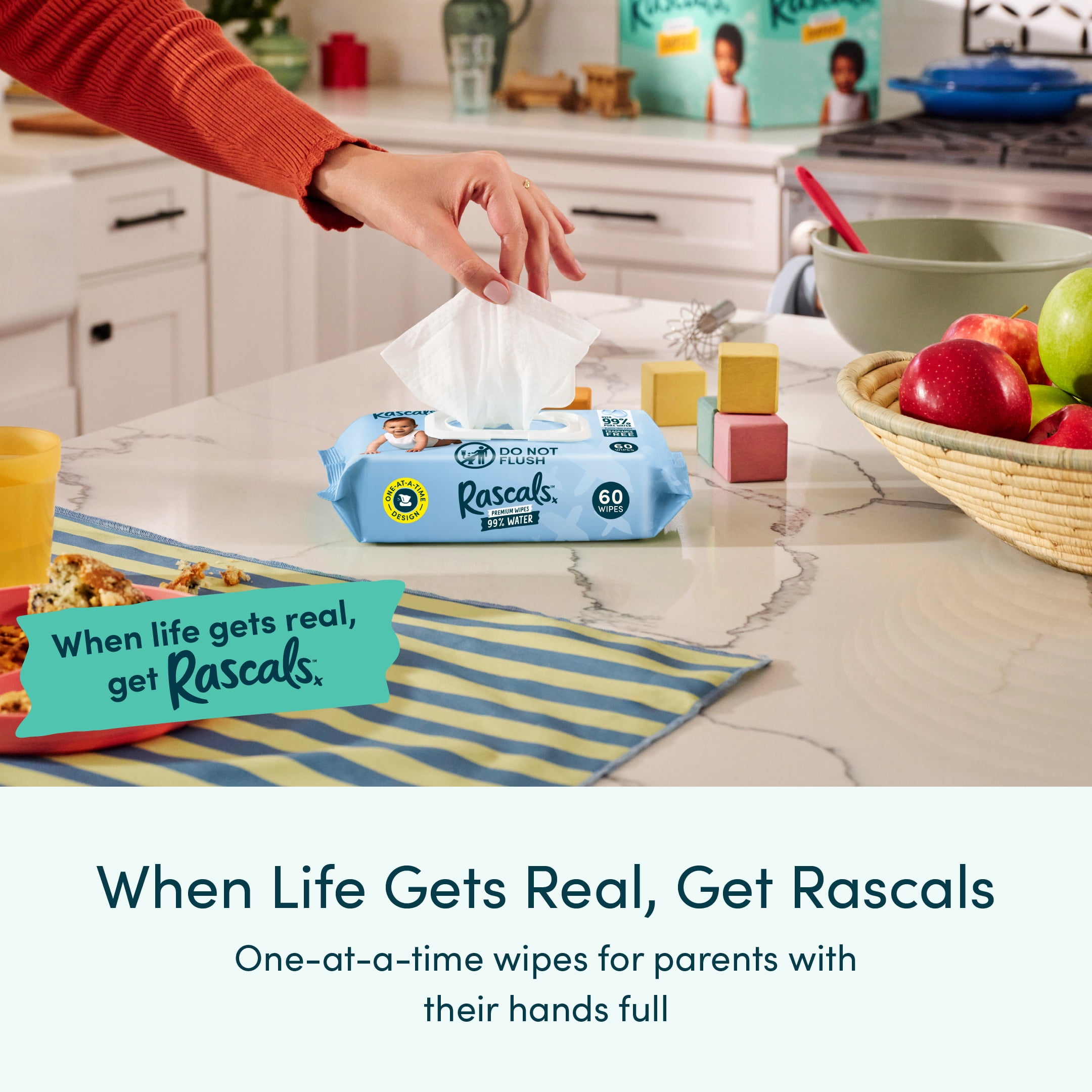 Lingettes pour bébé Rascals 99 % eau, 180 unités