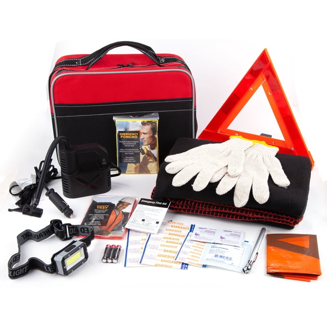 Justin Case Urban Auto Safety Kit with a red and black carry case containing essential roadside emergency tools. Includes a 12-volt mini air compressor, pen-style tire gauge, window-mount warning triangle, high-visibility safety vest, knit gloves, fleece blanket, waterproof emergency poncho, LED headlamp with batteries, and a 20-piece first-aid kit. Compact and designed for urban drivers, it ensures safety and convenience during roadside emergencies.