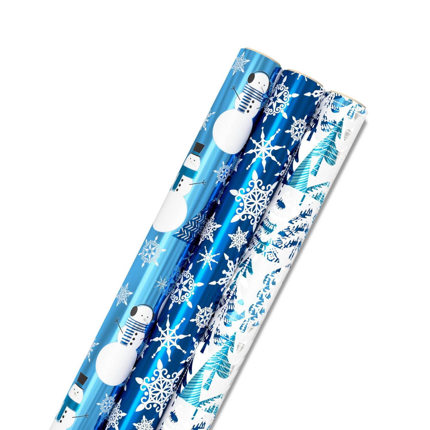 Papier d'emballage Hallmark de Noël, bleu métallisé, avec lignes de découpage au verso (3 rouleaux : 60 pieds carrés au total), bonshommes de neige, flocons de neige, sapins de Noël