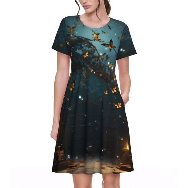 KLL Bibliothèque Magique Papillon de Nuit pour Femme Robe d'Été à Manches Courtes, Robes Plissées Amples Évasées Longueur Genou avec Poches