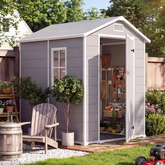 Remise de Rangement Extérieure en Plastique 4 X 6 Pi avec Plancher et Fenêtre, Remise de Jardin en Résine avec Porte Verrouillable, 2 Évents et Toit en Pente pour Meubles de Patio de Magasin, Outils de Jardin