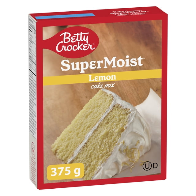 Betty Crocker Super Moist Lemon Cake Mix box with a red border and yellow label, showing a 375 g package featuring a two-layer lemon cake slice with white frosting, ideal for baking moist lemon-flavored cakes and suitable for quick homemade desserts.
