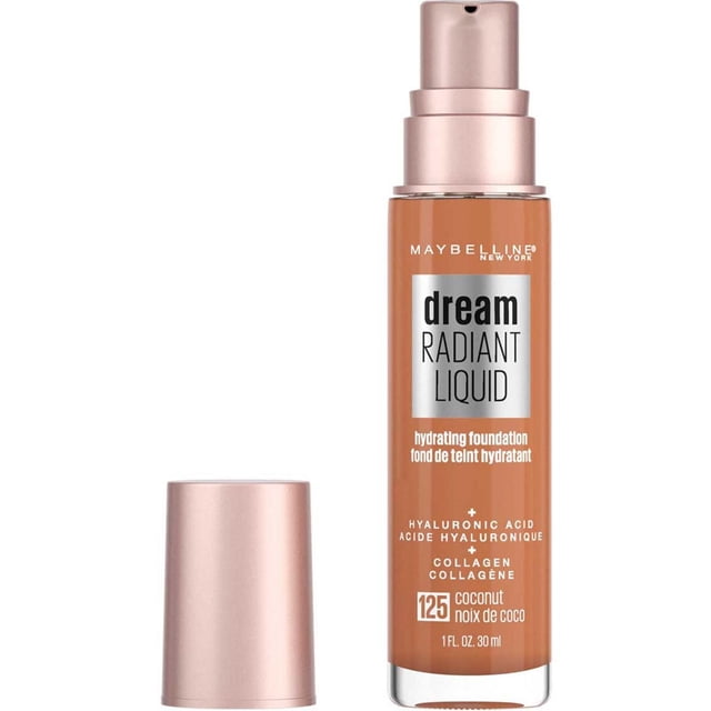 Radiant Liquid Medium Coverage Hydrating Foundation by Maybelline New York in shade 125 Coconut, displayed in a 30 ml pump bottle with rose gold cap removed, formulated with hyaluronic acid and collagen for hydration and medium coverage suitable for normal to dry skin.