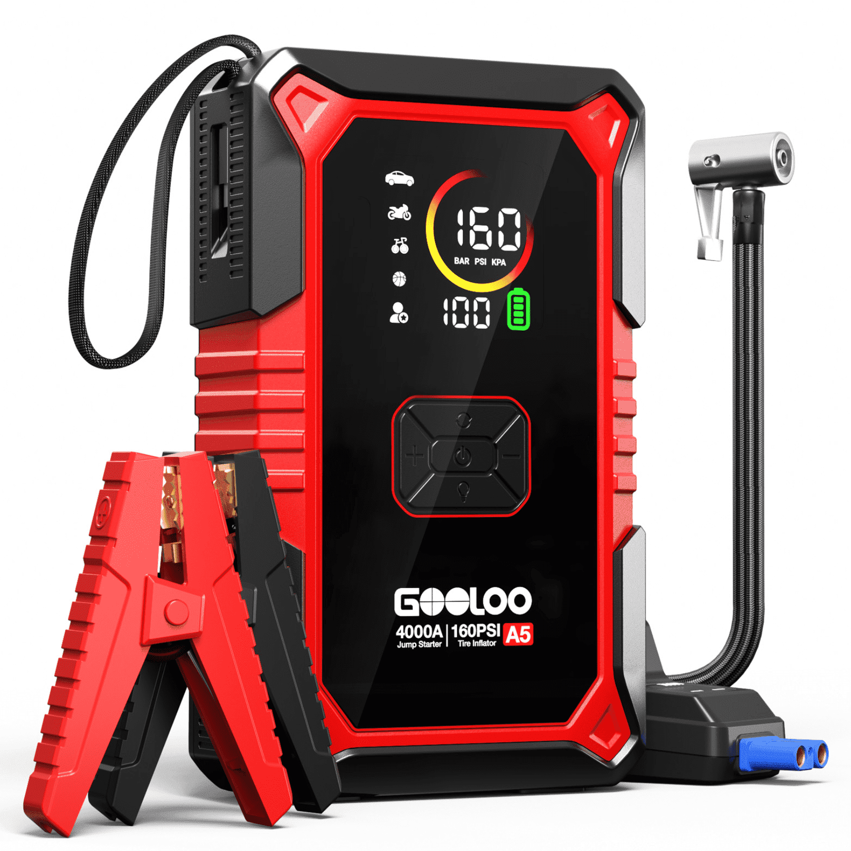 GOOLOO A5 Jump Starter with Air Compressor, 4000A Car Battery Jump Starter (All Gas/10.0L Diesel) with 160PSI Tire Inflator Auto-Off, 45W PD Fast Charging, 12V Jump Box Car Jumper Starter Portable