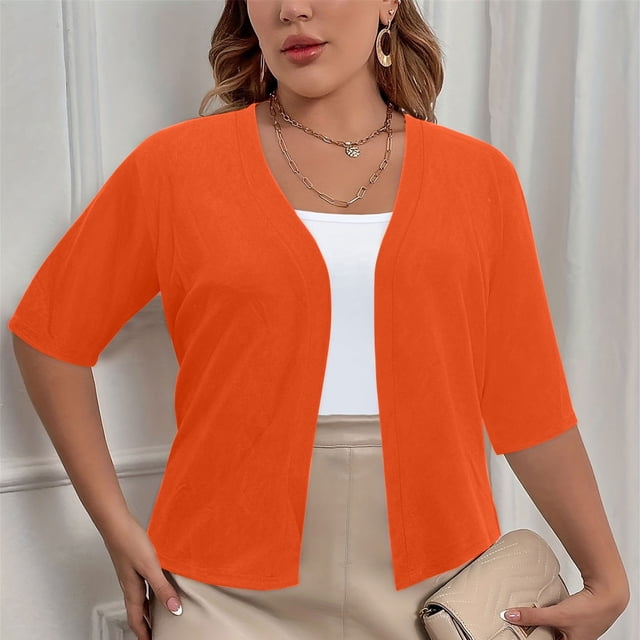 CFLVAEK Fall Cardigan Sweaters for Plus Size Women Casual Short Sleeve Open Front Shrugs Soft Solid Color Cropped Boleros Lightweight Cardigans Cover Ups
