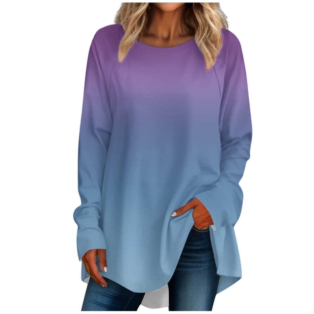 FAIWAD Women's Long Sleeve Tunic Tops Gradient Round Neck Trendy Spring Casual Pullover Tops