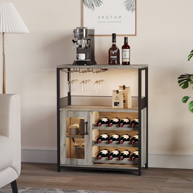 PIONEERWORKS 3-Tier Wine Bar Cabinet with Detachable Wine Rack and Storage Space, Buffet Cabinet with Glass Holder and Mesh Door, Sturdy MDF Construction for Dining Room Bar & Kitchen
