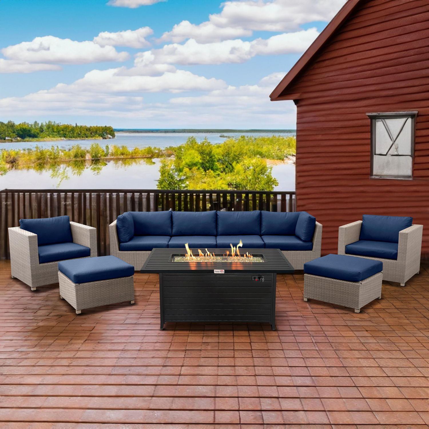 Chambers Bay Ensemble de conversation de patio en osier toutes saisons, 9 pièces, bleu marine, avec table à feu rectangulaire