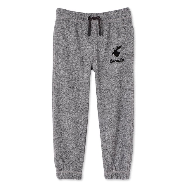 Canadiana toddlers' gender inclusive jogger in grey featuring elasticized waistband with drawstring, elastic cuffs, soft brushed back fleece cotton blend, front black moose graphic with 'Canada' text, and two on-seam pockets, suitable for casual wear and play.