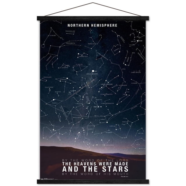 Affiche Murale d'Étoiles, 22,375 Pouces x 34 Pouces, Affiche une Carte Étoilée Détaillée de l'Hémisphère Nord avec des constellations Étiquetées comme Ursa Mineure, Orion, Cassiopée et Pégase contre un Ciel Nocturne Sombre au-Dessus d'Une silhouette de Montagne, Présentant la Citation du Psaume 33:6 « par la Parole du Seigneur les Cieux Ont Été Faits et les Étoiles par la Parole de Sa Bouche » au Bas, Idéale pour la Déco Murale