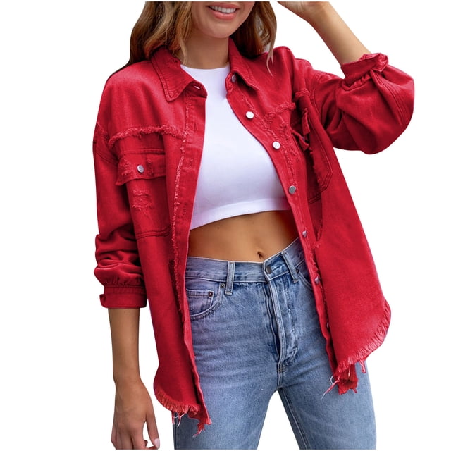 Pompotops Veste en Jean Décontractée à Manches Longues pour Femmes avec Boutons et Trous en Liquidation