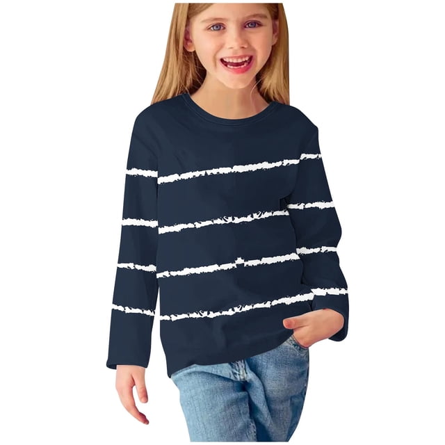 AherBiu T-Shirts à Manches Longues pour Tout-Petites Filles, Col Ras du Cou Décontracté, Rayés, T-Shirts pour Enfants Confortables d'Automne, Hauts pour Enfants