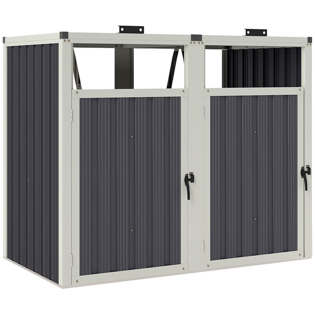 Outsunny Double Garbage Bin Shed, Lockable Storage Shed with Openable Lid, crafted from dark grey galvanized steel. This metal shed features ventilated panels for airflow, two lockable doors with handles, and a 180° lifting lid for easy waste disposal. Designed to hold up to two 63.4-gallon (240L) trash bins, it offers durable outdoor garbage storage that resists rust, rot, and weather conditions.