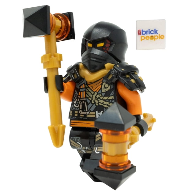 LEGO Ninjago Dragons Rising Season 2: Cole Climber Minifigure with Battle Hammers. The figure features intricate armor detailing, a black helmet, and dual battle hammers with orange accents. Includes a branded 'The Brick People' tile. Packaged in a LEGO paper bag.