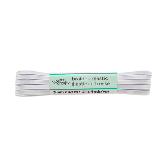 Unique Creativ White Braided Elastic 3 mm by 3.7 m (1/8 inch by 4 yards) tightly woven white elastic band with a label, designed for sewing notions and accessories, ideal for waistbands, sleeves, and necklines with excellent stretch ability.