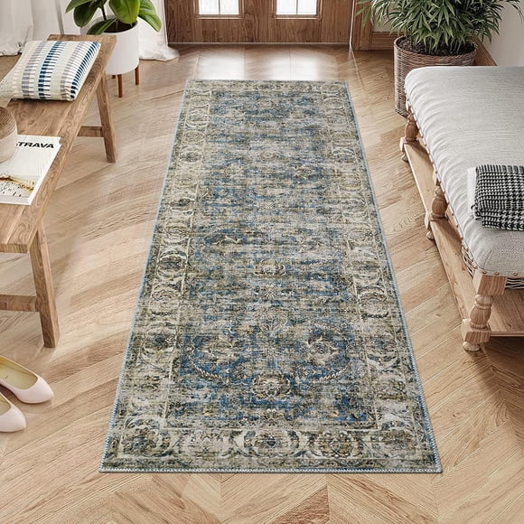 YUSAZENS 2x6 Vintage Low Pile Washable Runner, Non-Slip Boho Hallway Rug for Bedroom and Kitchen, Blue