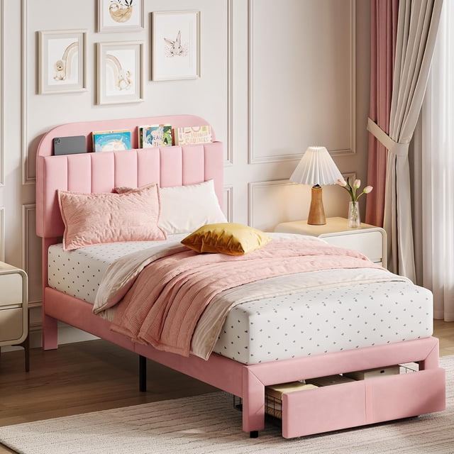 Eastvita Girls' Twin Bed Frame with Drawer Velvet Upholstered Platform Bed Frame with Storage Headboard for/No Box Spring Needed/Easy Assembly/Noise-Free/Light Pink