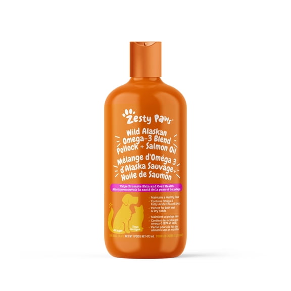 Zesty Paws Mélange d'oméga-3 d'Alaska Sauvage & Huile de Saumon Complément Alimentaire pour Chats et Chiens, 473mL
