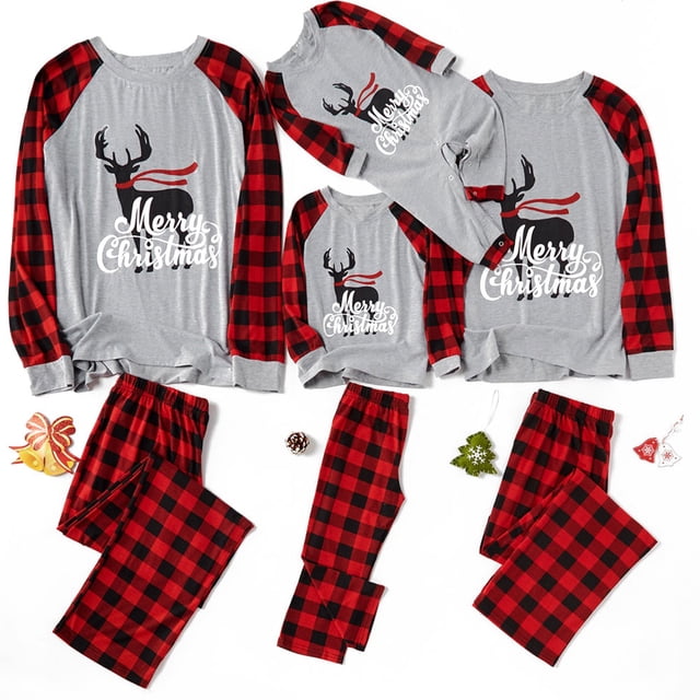 Matching Family Christmas Pajamas Set with grey raglan sleeve tops featuring a cute letter reindeer print and red and black plaid pants. Available in sizes for adults, children, and babies, ideal for festive sleepwear, holiday gatherings, and family photographs.