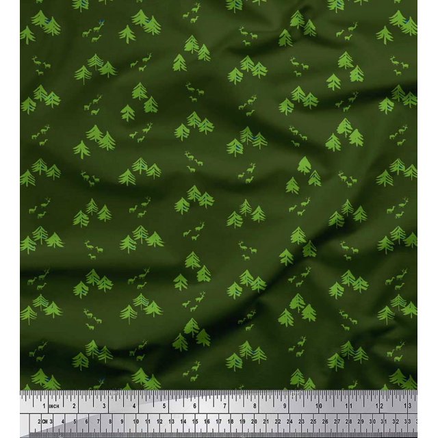 Soimoi Green polyester Crepe Fabric Elk & Deodar Cedar Tree Fabric Prints By Yard 42 Inch Wide