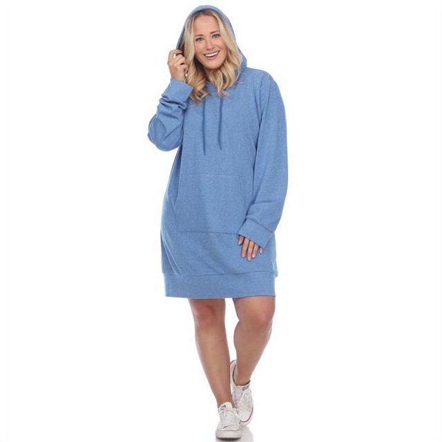 PS822-03-1X Plus Size Hoodie Sweatshirt Dress, Blue - Extra Large