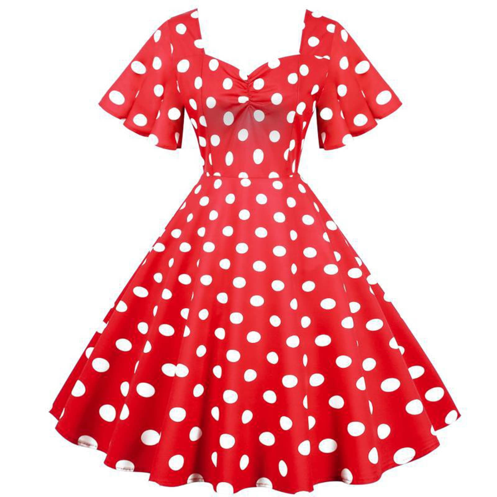 Robes d'Été pour Femmes 2023 Robes pour Femmes Liquidation Dames Pois Bouffant Manches Courtes Col en V Imprimé Robe de Soirée Taille Haute