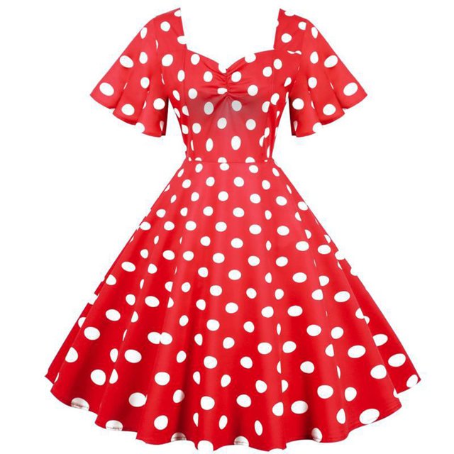 Robes d'Été pour Femmes 2023 Robes pour Femmes Liquidation Dames Pois Bouffant Manches Courtes Col en V Imprimé Robe de Soirée Taille Haute
