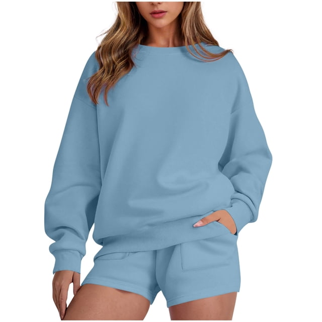 HAiming Ensemble 2 Pcs pour Femmes Chandail Col Rond Chandails en Molleton et Shorts Surdimensionnés Amples