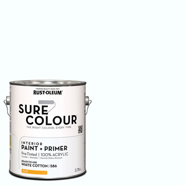Rust-Oleum Sure Colour™ Paint + Primer, Interior Flat, White Cotton 3.78 L metal can with handle, pre-tinted 100% acrylic interior wall paint and primer offering durable, washable, mould and mildew resistant finish, ideal for refreshing indoor walls.