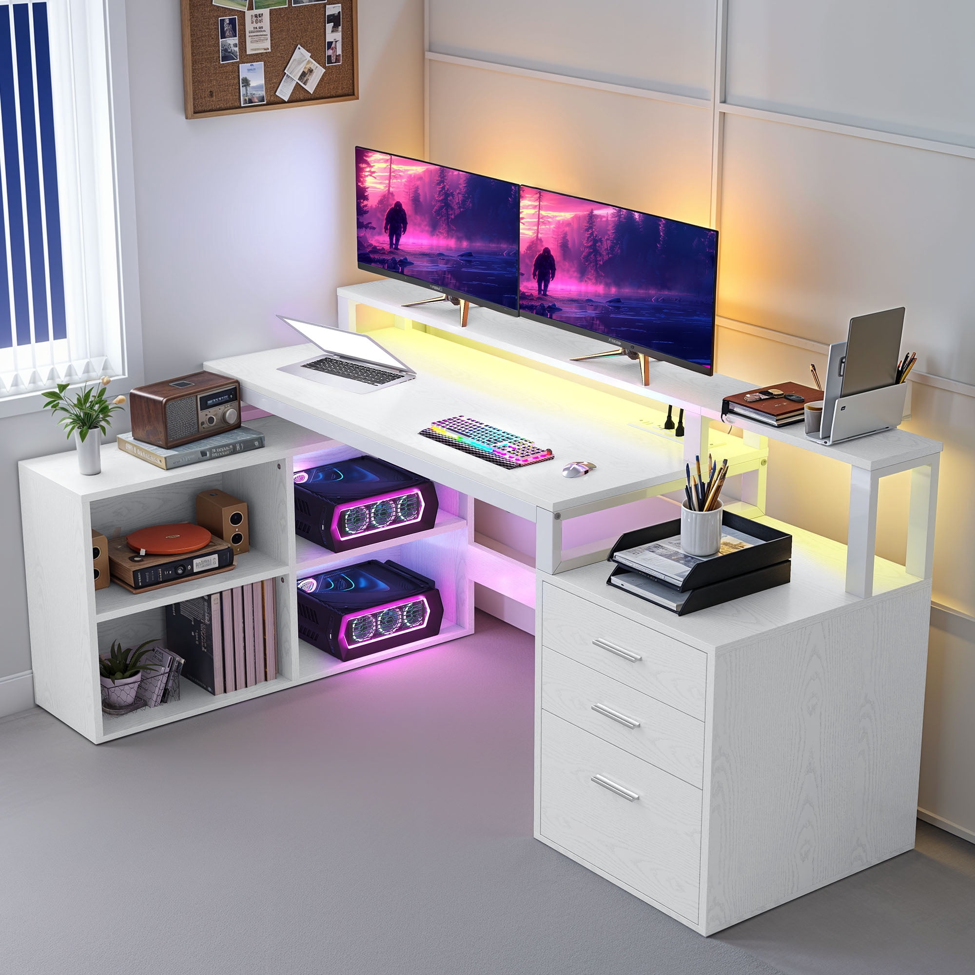 DEXTRUS Modern 65" White L Shaped Computer Desk with LED Strip Lighting & Power Outlets, Corner Desk with Drawers & Open Storage Shelves, for Home Office