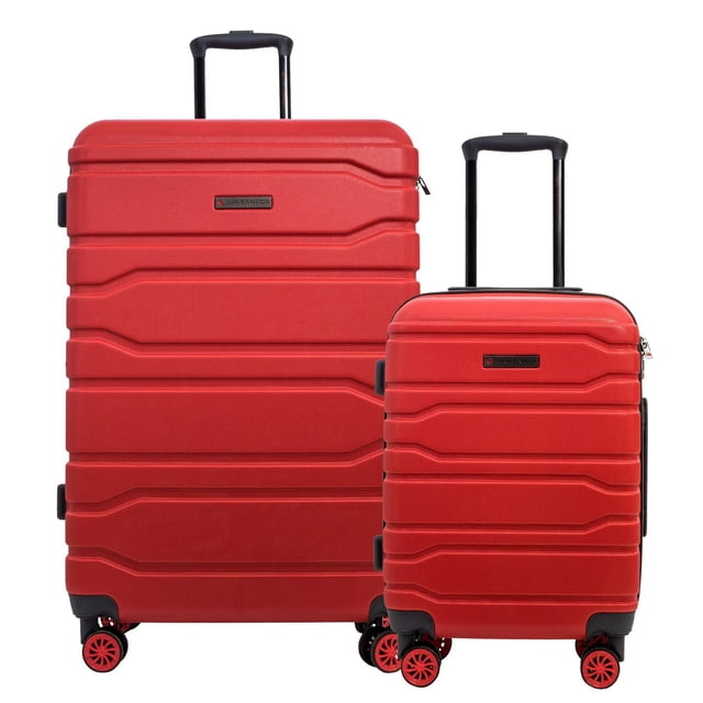 Hardside luggage set with two red Air Canada Radius suitcases, including a 28-inch large checked bag and a carry-on approved for overhead compartments. Both have durable ABS shells, four dual spinner wheels for smooth 360-degree rotation, retractable handles, and compression straps inside for organized packing.