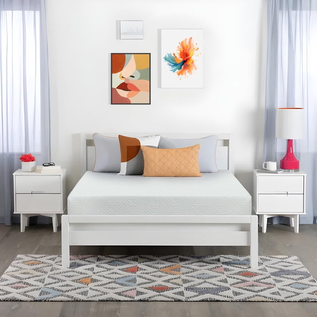 ViscoLogic Canadian Elite Plus 8 Inch Full Mattress Gel Memory Foam with Cool Sleep Supportive & Pressure Relief, CertiPUR-US certified, displayed on a white bed frame in a modern bedroom setting. The mattress features a removable hypoallergenic cover, medium-firm support, and temperature regulation for restful sleep. Decorative pillows and bedside tables complement the setup.