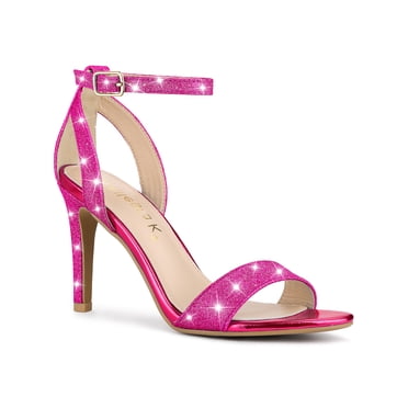 BLISSFUL STEP Women's Shoes Glitter Stiletto Heel Sandals Ankle Strap Open Toe Party Shoes Pink 9