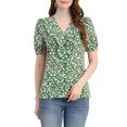 thumbnail image 1 of INSPIRE CHIC Women's Floral Print Rufle Button Up Puff Short Sleeves Blouse Top S Green-White, 1 of 7