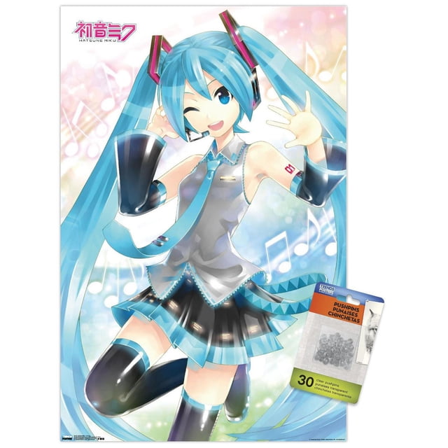 Hatsune Miku - Affiche Murale Ondulante, 22,375 Po x 34 Po Représentant le Personnage d'Anime Hatsune Miku avec de Longues Queues Jumelles turquoise, Portant un Haut Sans Manches Argent et Bleu avec une Cravate, des Manchons de Bras Noirs et des Cuissardes, sur Fond pastel avec des notes de Musique, Convient à la Déco Maison et à l'Art Mural dans les Chambres, les Bureaux Ou les Dortoirs.