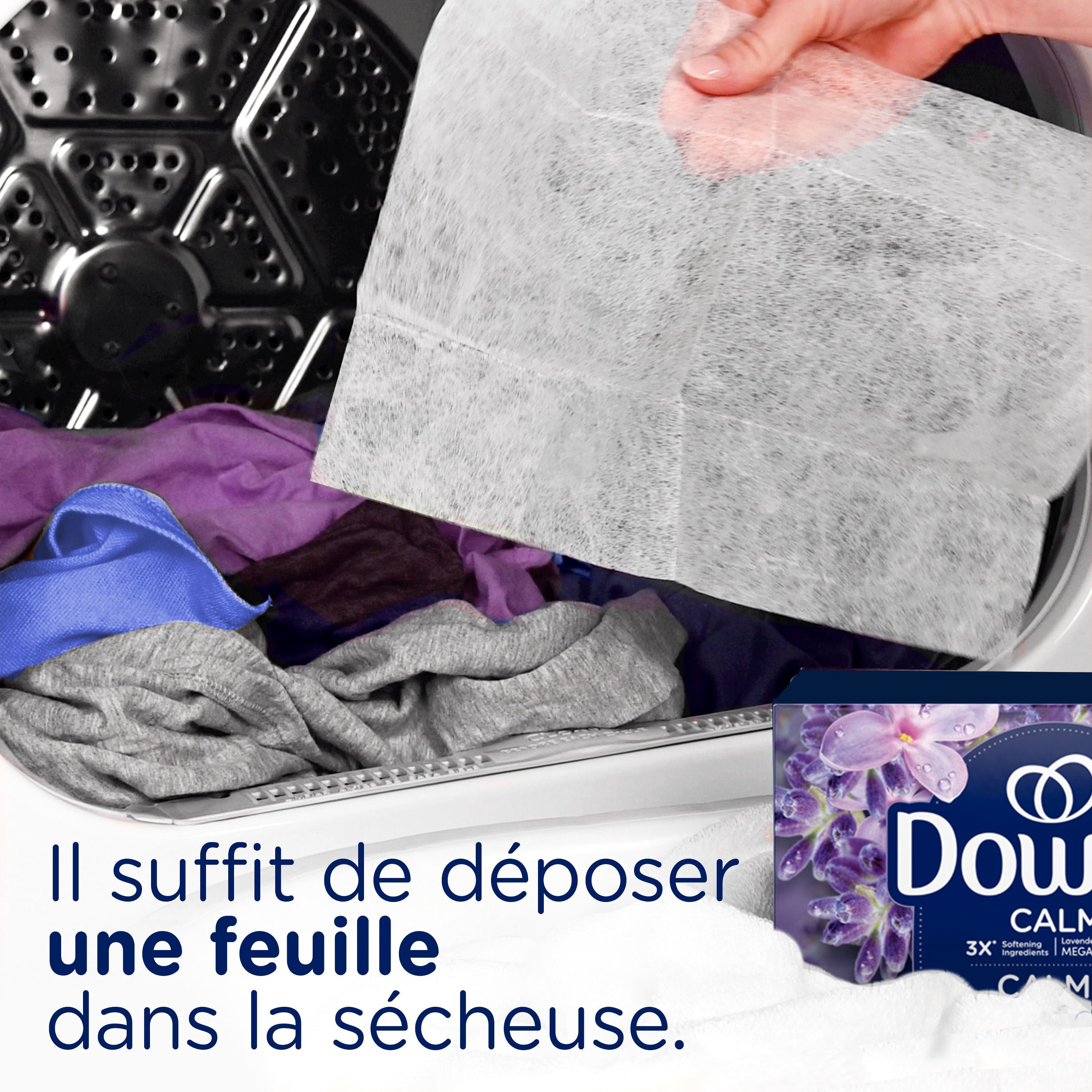 Downy Calme, Feuilles Assouplissantes Méga pour Sécheuse, Assouplissant pour la Lessive, Lavande et Gousse de Vanille 120CT