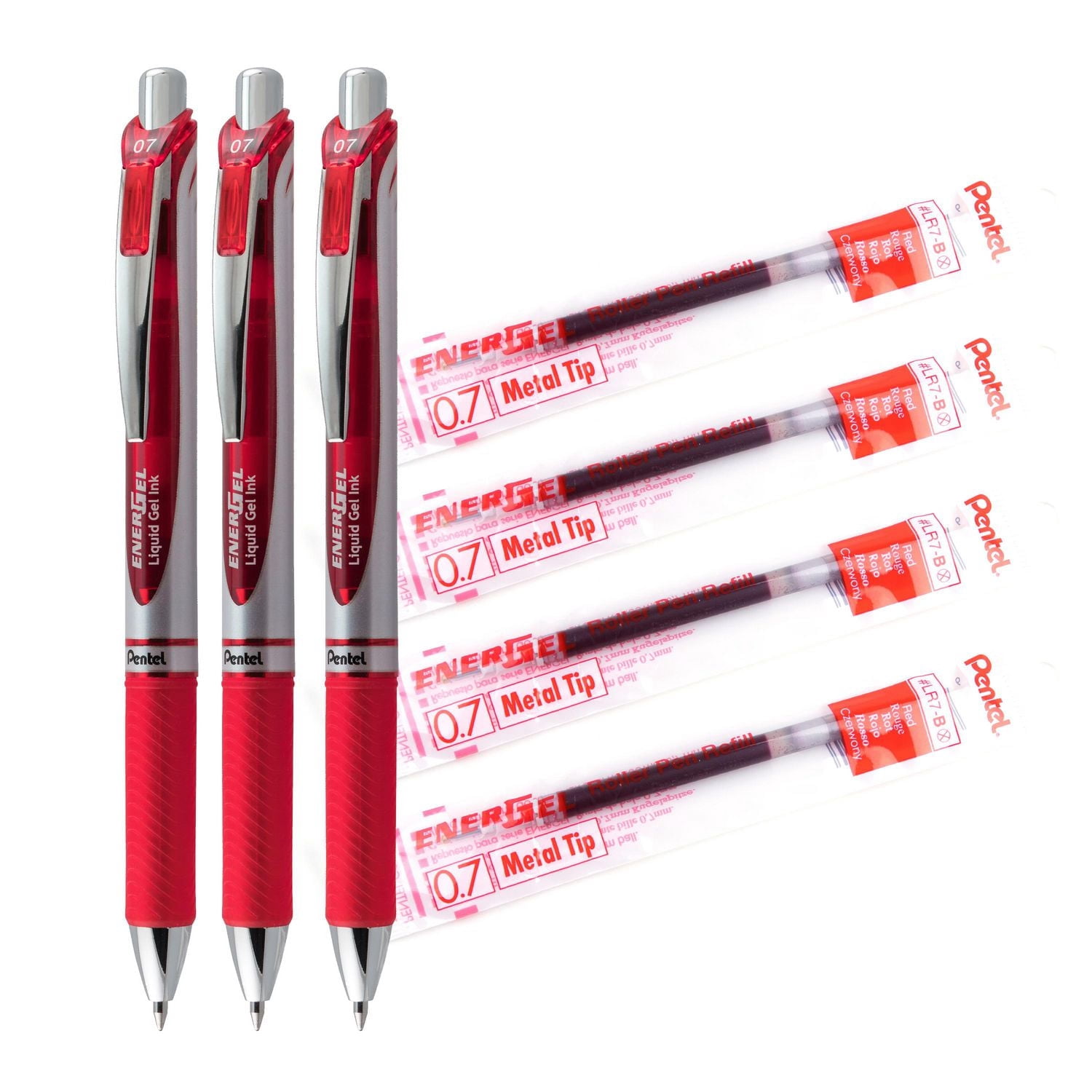 EnerGel Retractable Gel Roller, 0.7mm, 3 Pen and 4 Refill pack, Red Ink