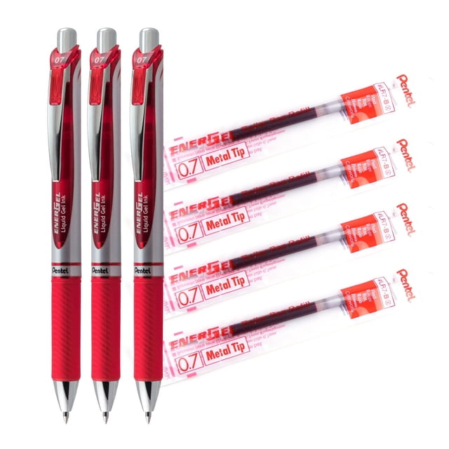 EnerGel Retractable Gel Roller pens 0.7mm metal tip in red ink, showing three pens with silver and red barrels, rubber grips, and metal clips alongside four refill packs. These refillable gel pens provide fast-drying, smooth writing ideal for office and school use.