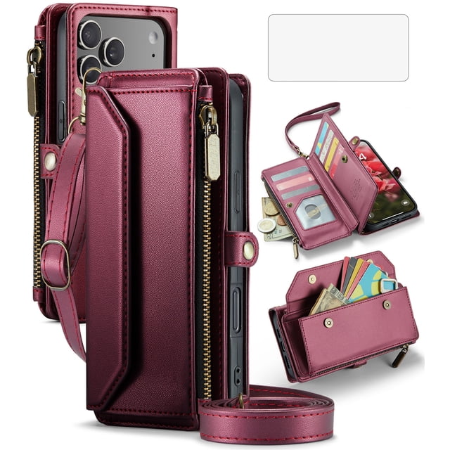 Asuwish Zipper Wallet Phone Case for iPhone 17 Pro Max 6.9 inch Tempered Glass Screen Protector Crossbody Lanyard Strap Flip Card Holder Slot Cell Cover i Phone17 17Pro i17ProMax Women Men Wine Red