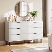 6 Drawer Dresser – Modern Wide Double Dresser with Fluted Panels, Metal Legs & Handles, Anti-Tip Design for Bedroom, Living Room, Hallway
