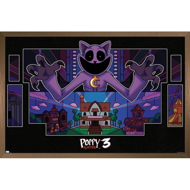 Poppy Playtime: Chapter 3 - Strings Wall Poster, 22.375" x 34" depicts a centered purple cat-like character with large black eyes and a wide smile, reaching out with clawed hands over a colorful cartoon town scene featuring houses, a toy store, and a circus tent connected by red laser lines on a black background, ideal for bold room decor and wall art.